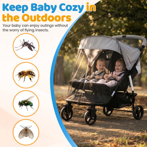 Orzbow Pram Mosquito Net for Double Strollers Universal Twin Pushchair 2