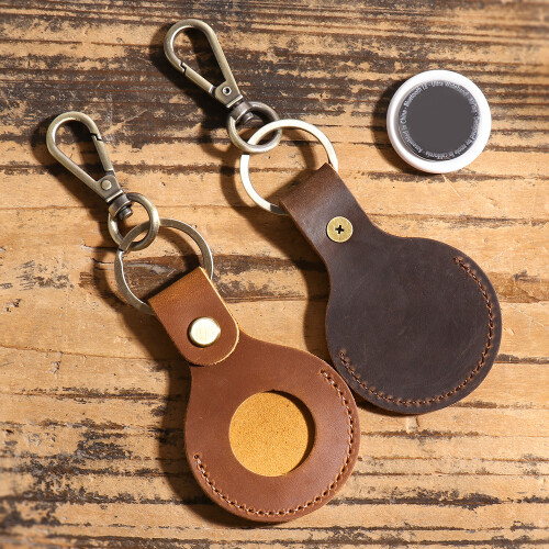 Premium Leather AirTag Case with Keychain Ring - Brown Brown 2