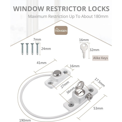 HOMGEN 8PACK Cable Window Restrictors Locks with Keys & Self-Tapping Screws 1
