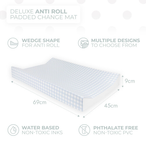 BEDEBYES Deluxe Anti Roll Wedge Baby Changing Mat Blue Gingham Waterpr