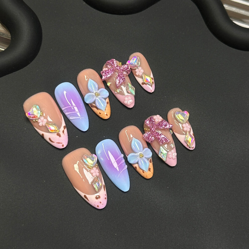 Bright-Home (M) 10Pcs Glossy Fake Nails With Flower Decor Durable & Never Splitting Comfort Fake Nails For Shopping Traveling Dating