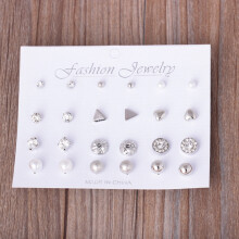 Wholesale Set Of 12 Pairs Of Triangular Heart-Shaped Pearl Stud Earrings (Color: Silver) Surprise Gift