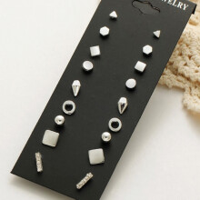 9-Pair Set Of Black Card Stud Earrings (Silver) Surprise Gift
