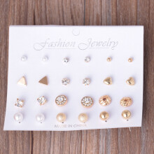Wholesale Set Of 12 Pairs Of Triangular Heart-Shaped Pearl Stud Earrings (Color: Gold) Surprise Gift