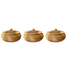 3X Round Rattan Box,Wicker Fruit Basket with Lid Bread Basket Tray Storage Basket Willow Woven Basket for Bread, Snack