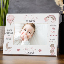Personalised Baby Girl Photo Frame with Birth Details White Watercolou