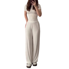 Ensemble 2 pièces pour femme, haut froncé à manches-Blanc XL