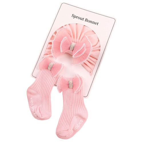 Baby Hat & Socks Ultra Soft Component Newborn Bonnet-double bow