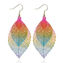Double-Layered Leaf Tassel Earrings, Simple Retro Metal Leaf Pendant Jewelry (Colorful) Surprise Gift