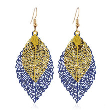 Double-Layered Leaf Tassel Earrings, Simple And Retro Metal Leaf Pendant Jewelry (Blue And Yellow) Surprise Gift