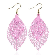 Double-Layered Leaf Tassel Earrings, Simple And Retro Metal Leaf Pendant Jewelry (Pink) Surprise Gift