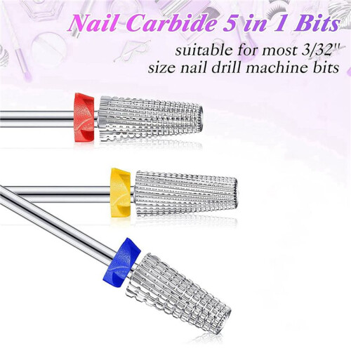 6 Pieces Nail Carbide 5 in 1 Bit Multi-Function Tapered Shaping Nail Drill Carbide Nail Drill Bit Use for Both Left 2