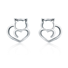 Semplici orecchini a forma di gatto in argento, orecchini da donna traforati in argento sterling, piccoli gioielli in argento a forma di animale. Reg