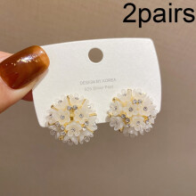 Two Pairs Of Elegant White Hemispherical Flower Stud Earrings With Crystal Embellishments. Surprise Gift