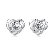 S925 Sterling Silver Platinum-Plated Heart And Rose Flower Earrings (Bse1140) Surprise Gift