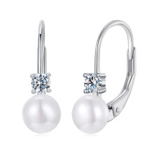 S925 Sterling Silver Plated With White Gold Moissanite And Freshwater Pearl Elegant Earrings (Mse078) Surprise Gift