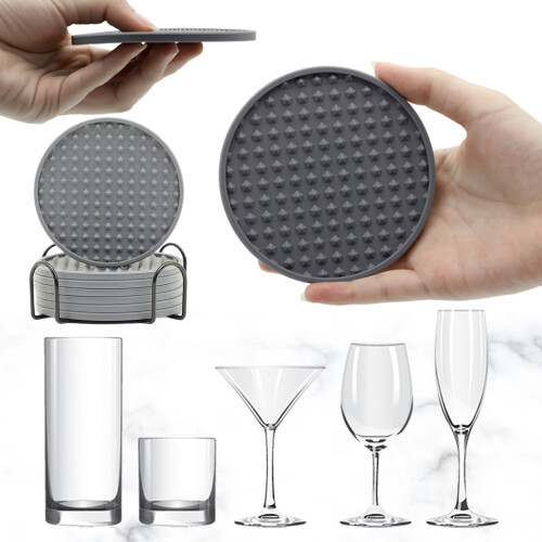 (Gray 6 pad 1 support (white box)) 6 Silicone Coasters with Holder for Table Protection 1