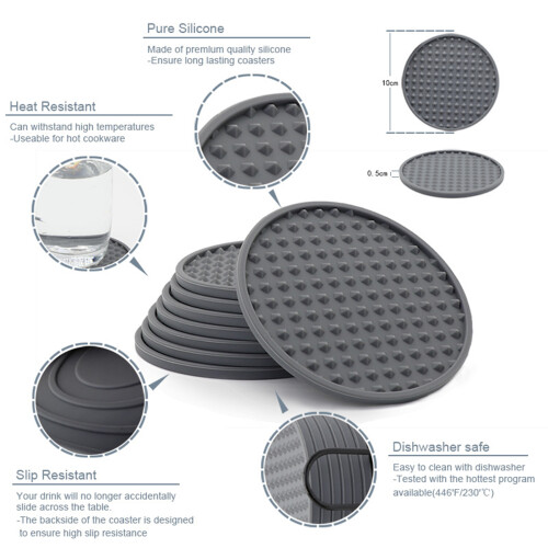 (Gray 6 pad 1 support (white box)) 6 Silicone Coasters with Holder for Table Protection 2