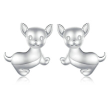 Pendientes de plata de ley S925 chapados en oro blanco con forma de perro chihuahua - Regalo sorpresa
