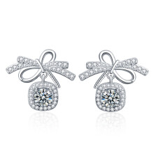 Pendientes de botón con lazo de plata de ley 925, pendientes sencillos de aguja de plata (moissanita de 50 puntos en oro blanco) Regalo sorpresa