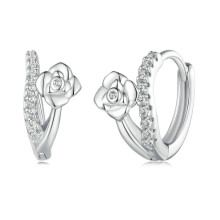 Bse752 Sterling Silver S925 Plated White Gold Smooth Line Floral Zirconia Ear Clips Surprise Gift