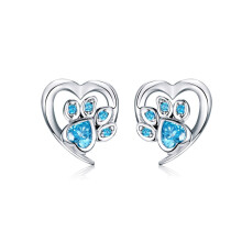 Pet Paw Print Earrings, White Gold Plated Heart Shape, Women'S Earrings, Color: Blue Surprise Gift