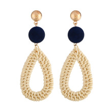 E2002-8 Black Teardrop Bamboo And Rattan Hand-Woven Earrings, Bohemian Style Earrings Surprise Gift