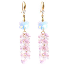 E2204-5 Pendientes rosas transparentes de cristal natural hechos a mano con circonitas, estilo largo, regalo sorpresa