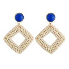 E2002-4 Blue Square Bamboo And Rattan Hand-Woven Earrings, Bohemian Style Earrings Surprise Gift
