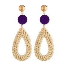 E2002-10 Purple Teardrop Bamboo And Rattan Handwoven Earrings, Bohemian Style Earrings Surprise Gift