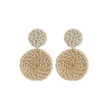 E2002-15 Double Round Bamboo And Rattan Hand-Woven Earrings, Bohemian Style Earrings Surprise Gift