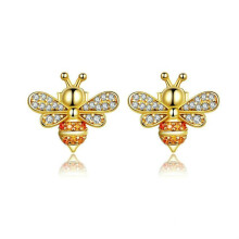 S925 Sterling Silver Earrings With Bee Inlay, Women'S Stud Earrings, Color: Gold Surprise Gift