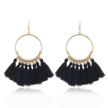 Women'S Tassel Earrings, Ethnic Style Large Pendant Earrings, Bohemian Fashion Jewelry, Fashionable Cotton Rope Tassel Long Pendant Earrings (Black)