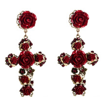 One Pair Of Baroque Rose Flower Cross Long Stud Earrings, Vintage Style (Red). Surprise Gift