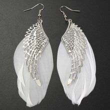 Metal Wing Earrings, Bohemian Handmade Vintage Feather Long Earrings (White) Surprise Gift