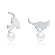 Pendientes de gato con diseño de animal pequeño, plata de ley y perlas S925. Regalo sorpresa.