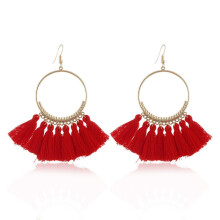 Women'S Tassel Earrings, Ethnic Style Large Pendant Earrings, Bohemian Fashion Jewelry, Fashionable Cotton Rope Tassel Long Pendant Earrings (Red) Su