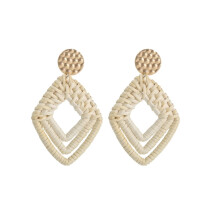 E2002-16 Diamond-Shaped Hand-Woven Bamboo And Rattan Earrings, Bohemian Style Earrings Surprise Gift