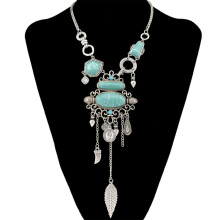 Exaggerated Openwork Pattern Necklace Inlaid With Turquoise Alloy Gemstones (Silver) Surprise Gift