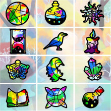 DIY 24 Witchcraft Stained Glass Suncatchers Window Clings Hourglass Bird Feather