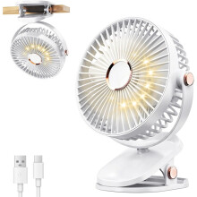 Clip On Desk Fan Brushless Motor USB Rechargeable 4 Speed Quiet LED Light Home Office Use