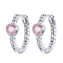 Sce1081 White Gold Plated Pink Heart Earrings With Hemp Rope Texture 925 Sterling Silver Hoop Surprise Gift