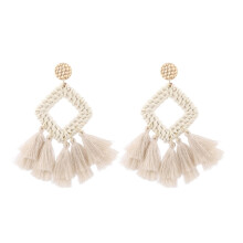 E2205-3 Tassel Diamond-Shaped Bamboo And Rattan Hand-Woven Earrings, Bohemian Style Earrings Surprise Gift