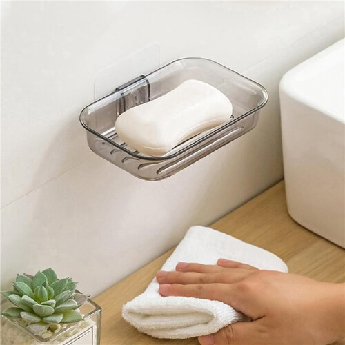 2X Easy Installation Soap Holder Kitchen Wall Mount Dish No Drill Modern Clear Drain ShowerContainer A 2