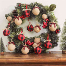 Christmas Tree Ornaments, 24Pcs 2-1/2 Inches Red Black Check Plaid Stitching Burlap Christmas Decorations