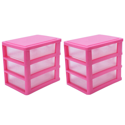 2X  Translucent Drawer Type Plastic Storage Box（Rose Red 3 Layers）