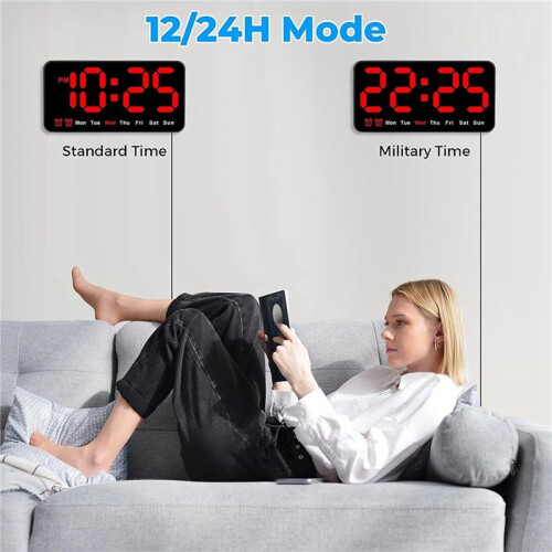 5X Digital Wall Clock, 9Inch LED Digital Clock Large Display with 12/24H,  Digits,Small Silent Wall Clock (Red) 2