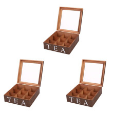 3X Wooden 9 Grids Tea Box Tea Bags Container Storage Box Square Gift Box Case Transparent Top Lid Red Wine Color