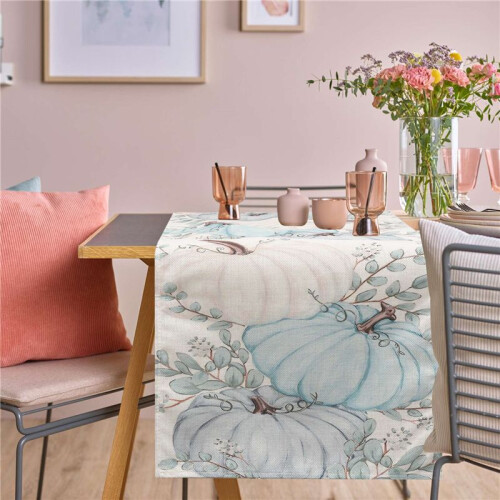 Fall Eucalyptus Leaves Pumpkins Table Runner, Autumn Thanksgiving Kitchen Dining Table Decoration for Indoor A 1