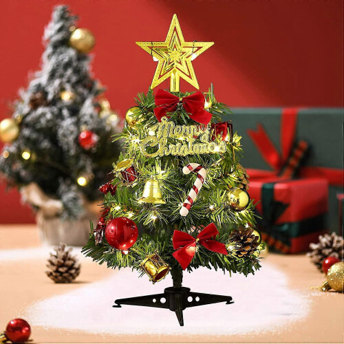 12in/30cm Mini Tabletop Artificial Christmas Pine Tree with LED String Lights & Ornaments
